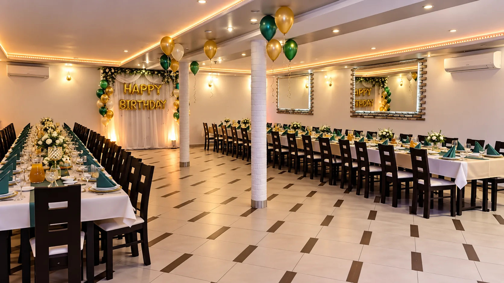 Jasna sala Gościńca przygotowana na eleganckie przyjęcie